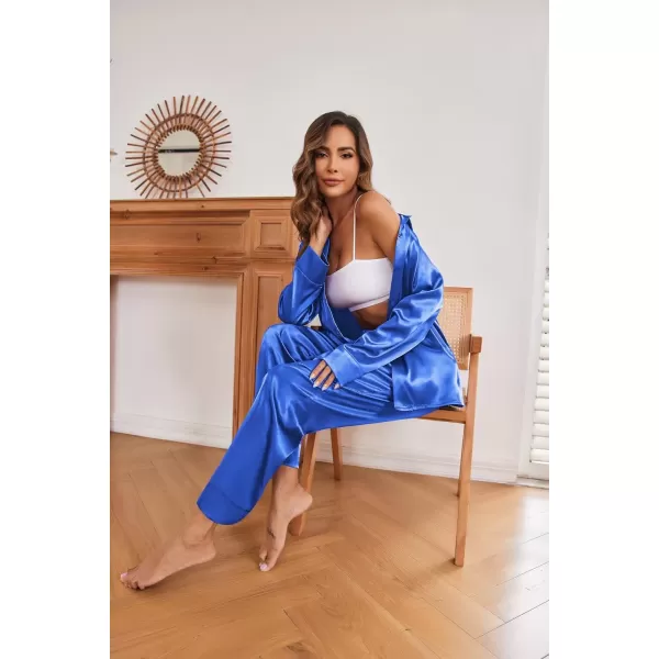 imageEkouaer Classic Satin Pajamas for Women Long Sleeve Button Down Sleepwear Soft Silk Loungewear Pjs Set SXXLBlue