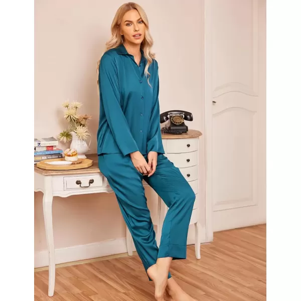 imageEkouaer Classic Satin Pajamas for Women Long Sleeve Button Down Sleepwear Soft Silk Loungewear Pjs Set SXXLBlue Green