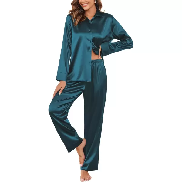 imageEkouaer Classic Satin Pajamas for Women Long Sleeve Button Down Sleepwear Soft Silk Loungewear Pjs Set SXXLBlue Green