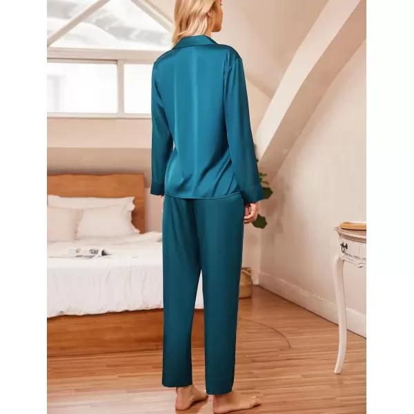 imageEkouaer Classic Satin Pajamas for Women Long Sleeve Button Down Sleepwear Soft Silk Loungewear Pjs Set SXXLBlue Green