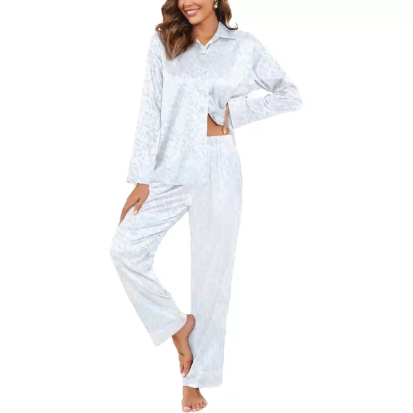imageEkouaer Classic Satin Pajamas for Women Long Sleeve Button Down Sleepwear Soft Silk Loungewear Pjs Set SXXLBlue Leopard