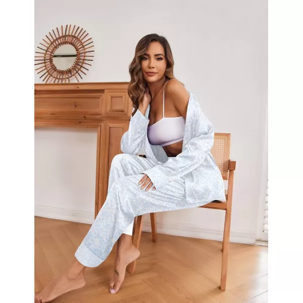imageEkouaer Classic Satin Pajamas for Women Long Sleeve Button Down Sleepwear Soft Silk Loungewear Pjs Set SXXLBlue Leopard