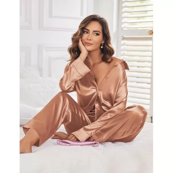imageEkouaer Classic Satin Pajamas for Women Long Sleeve Button Down Sleepwear Soft Silk Loungewear Pjs Set SXXLBrown