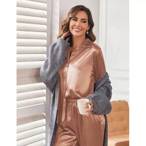 imageEkouaer Classic Satin Pajamas for Women Long Sleeve Button Down Sleepwear Soft Silk Loungewear Pjs Set SXXLBrown