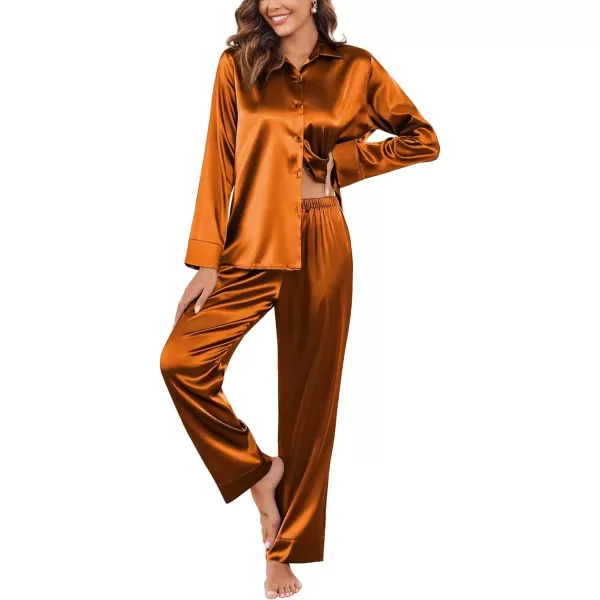 imageEkouaer Classic Satin Pajamas for Women Long Sleeve Button Down Sleepwear Soft Silk Loungewear Pjs Set SXXLCaramel