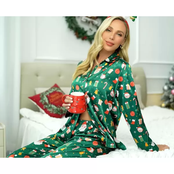 imageEkouaer Classic Satin Pajamas for Women Long Sleeve Button Down Sleepwear Soft Silk Loungewear Pjs Set SXXLChristmas Green