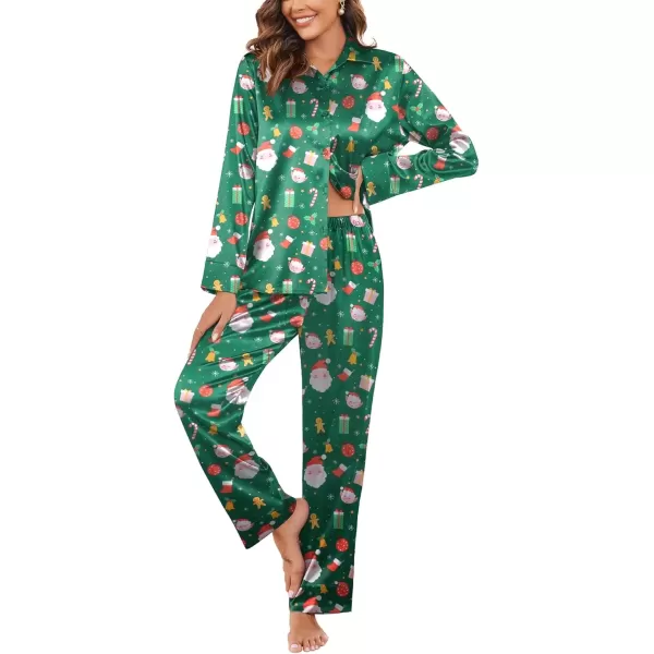 imageEkouaer Classic Satin Pajamas for Women Long Sleeve Button Down Sleepwear Soft Silk Loungewear Pjs Set SXXLChristmas Green