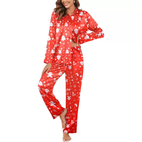 imageEkouaer Classic Satin Pajamas for Women Long Sleeve Button Down Sleepwear Soft Silk Loungewear Pjs Set SXXLChristmas Red