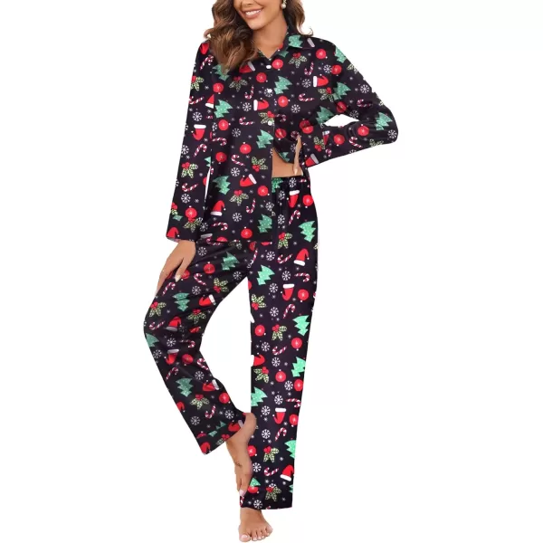 imageEkouaer Classic Satin Pajamas for Women Long Sleeve Button Down Sleepwear Soft Silk Loungewear Pjs Set SXXLChristmas Treeblack