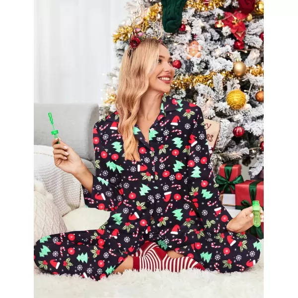 imageEkouaer Classic Satin Pajamas for Women Long Sleeve Button Down Sleepwear Soft Silk Loungewear Pjs Set SXXLChristmas Treeblack
