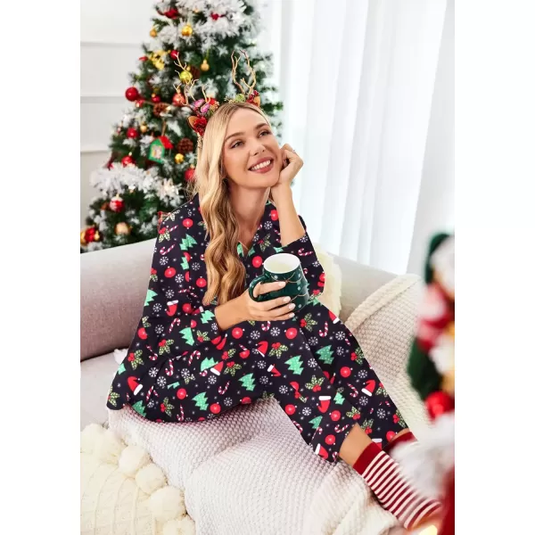 imageEkouaer Classic Satin Pajamas for Women Long Sleeve Button Down Sleepwear Soft Silk Loungewear Pjs Set SXXLChristmas Treeblack