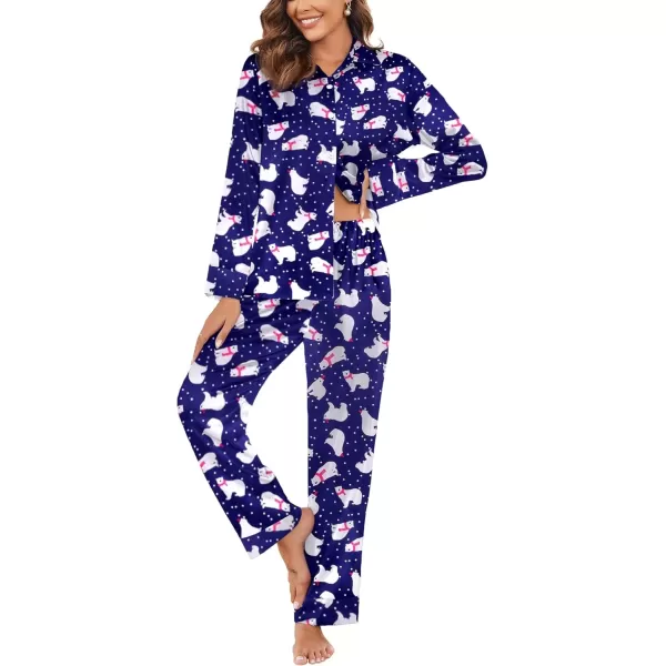 imageEkouaer Classic Satin Pajamas for Women Long Sleeve Button Down Sleepwear Soft Silk Loungewear Pjs Set SXXLChristmas White Bear