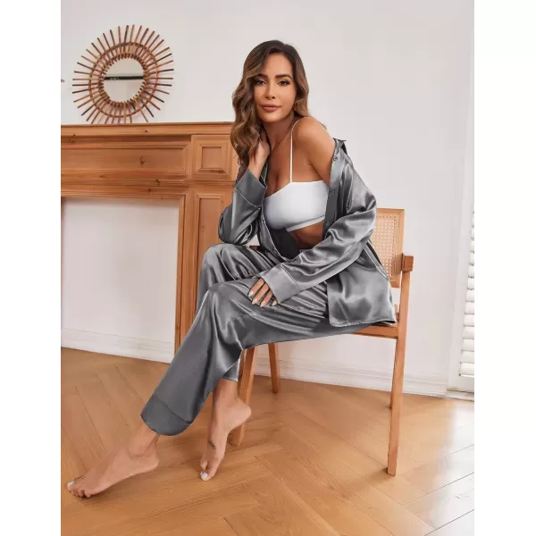 imageEkouaer Classic Satin Pajamas for Women Long Sleeve Button Down Sleepwear Soft Silk Loungewear Pjs Set SXXLDark Grey