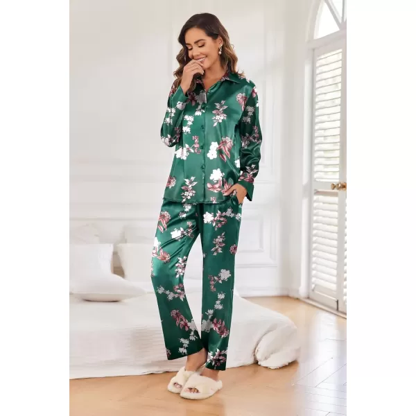 imageEkouaer Classic Satin Pajamas for Women Long Sleeve Button Down Sleepwear Soft Silk Loungewear Pjs Set SXXLGreenflora