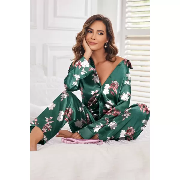 imageEkouaer Classic Satin Pajamas for Women Long Sleeve Button Down Sleepwear Soft Silk Loungewear Pjs Set SXXLGreenflora