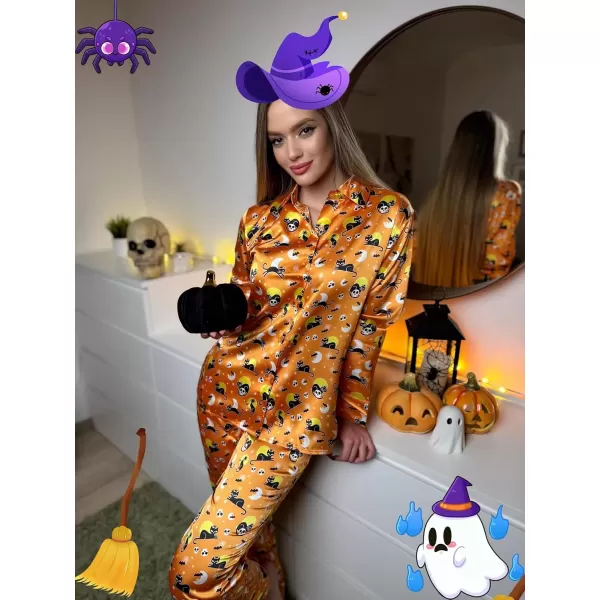 imageEkouaer Classic Satin Pajamas for Women Long Sleeve Button Down Sleepwear Soft Silk Loungewear Pjs Set SXXLHalloween