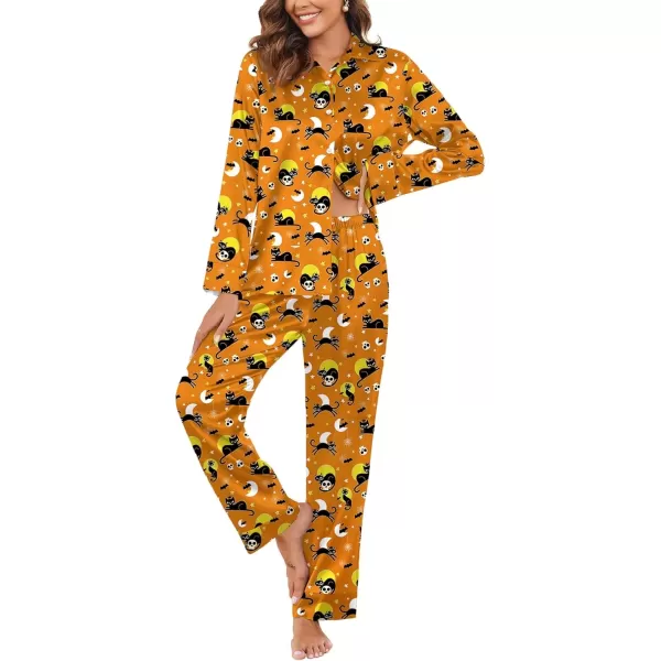 imageEkouaer Classic Satin Pajamas for Women Long Sleeve Button Down Sleepwear Soft Silk Loungewear Pjs Set SXXLHalloween