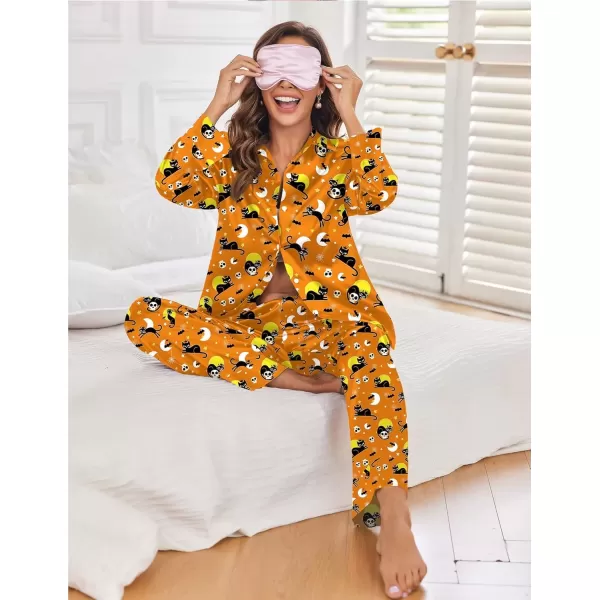 imageEkouaer Classic Satin Pajamas for Women Long Sleeve Button Down Sleepwear Soft Silk Loungewear Pjs Set SXXLHalloween