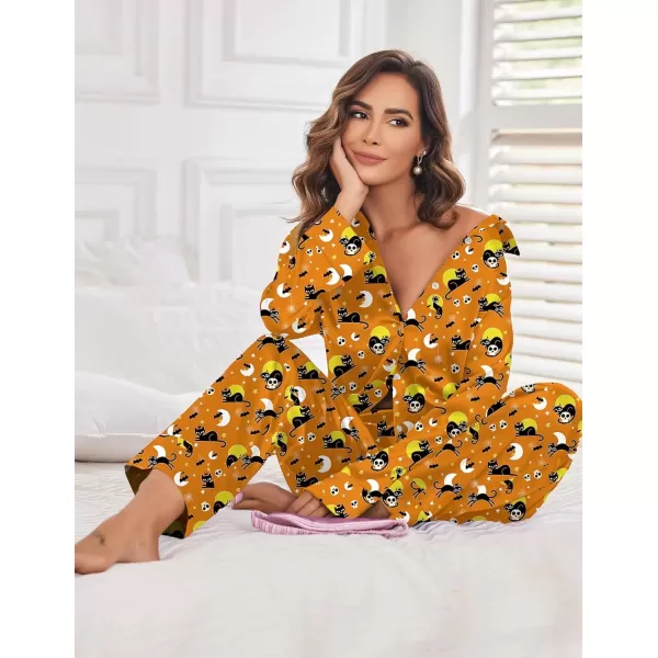 imageEkouaer Classic Satin Pajamas for Women Long Sleeve Button Down Sleepwear Soft Silk Loungewear Pjs Set SXXLHalloween