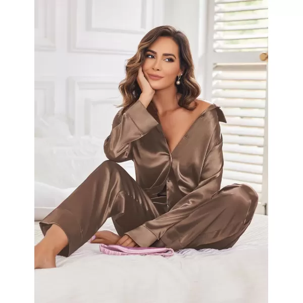 imageEkouaer Classic Satin Pajamas for Women Long Sleeve Button Down Sleepwear Soft Silk Loungewear Pjs Set SXXLKhaki