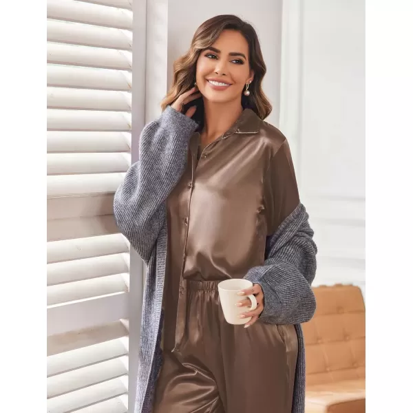 imageEkouaer Classic Satin Pajamas for Women Long Sleeve Button Down Sleepwear Soft Silk Loungewear Pjs Set SXXLKhaki