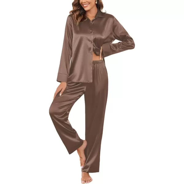 imageEkouaer Classic Satin Pajamas for Women Long Sleeve Button Down Sleepwear Soft Silk Loungewear Pjs Set SXXLKhaki