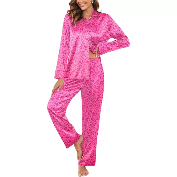 imageEkouaer Classic Satin Pajamas for Women Long Sleeve Button Down Sleepwear Soft Silk Loungewear Pjs Set SXXLLeopard Hot Pink