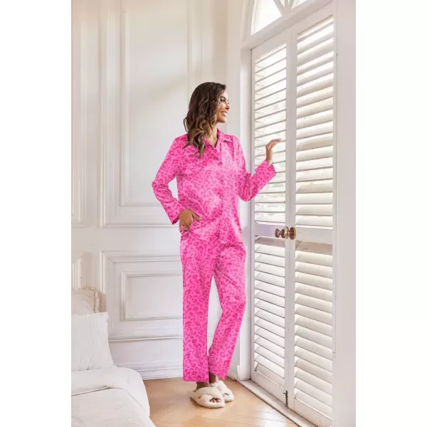 imageEkouaer Classic Satin Pajamas for Women Long Sleeve Button Down Sleepwear Soft Silk Loungewear Pjs Set SXXLLeopard Hot Pink