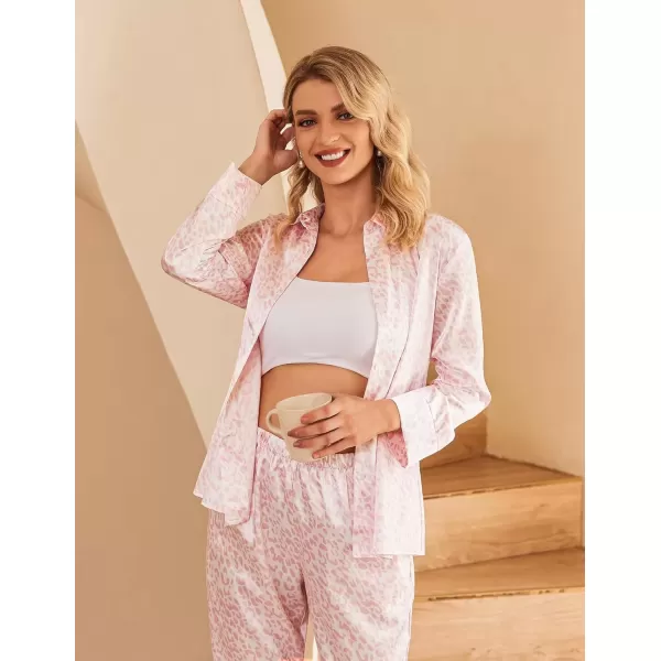 imageEkouaer Classic Satin Pajamas for Women Long Sleeve Button Down Sleepwear Soft Silk Loungewear Pjs Set SXXLLeopard Pink