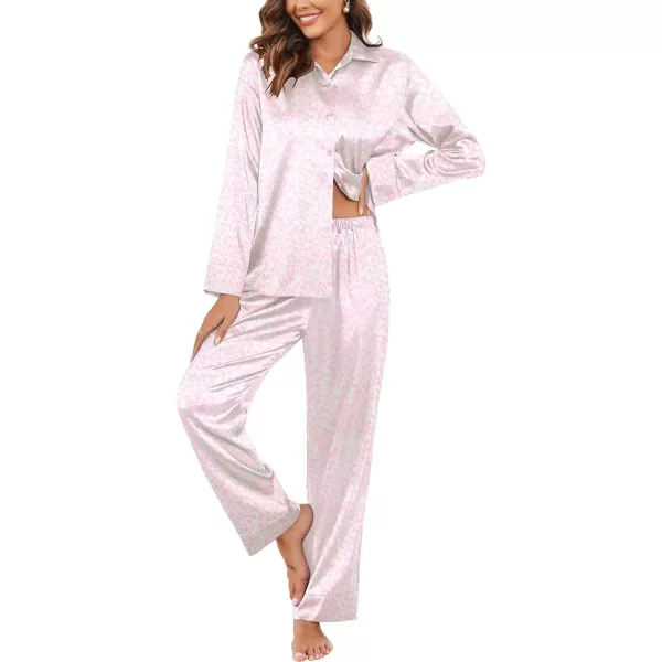 imageEkouaer Classic Satin Pajamas for Women Long Sleeve Button Down Sleepwear Soft Silk Loungewear Pjs Set SXXLLeopard Pink