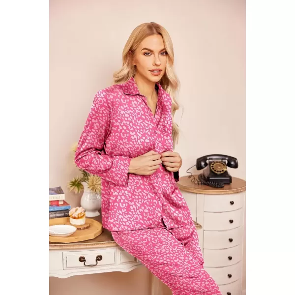 imageEkouaer Classic Satin Pajamas for Women Long Sleeve Button Down Sleepwear Soft Silk Loungewear Pjs Set SXXLLeopard Rose Pink