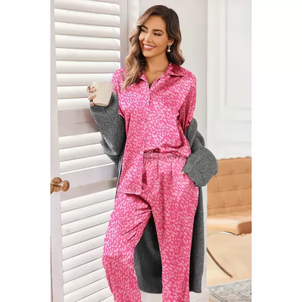 imageEkouaer Classic Satin Pajamas for Women Long Sleeve Button Down Sleepwear Soft Silk Loungewear Pjs Set SXXLLeopard Rose Pink