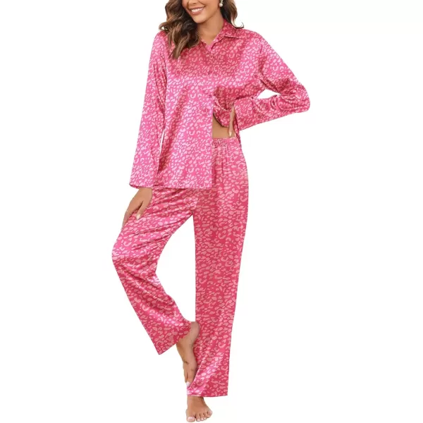 imageEkouaer Classic Satin Pajamas for Women Long Sleeve Button Down Sleepwear Soft Silk Loungewear Pjs Set SXXLLeopard Rose Pink