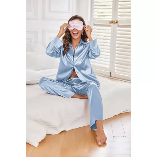 imageEkouaer Classic Satin Pajamas for Women Long Sleeve Button Down Sleepwear Soft Silk Loungewear Pjs Set SXXLLight Blue