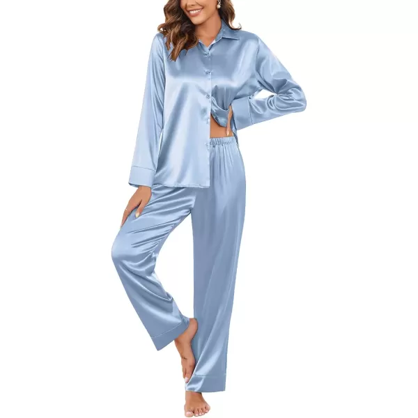 imageEkouaer Classic Satin Pajamas for Women Long Sleeve Button Down Sleepwear Soft Silk Loungewear Pjs Set SXXLLight Blue