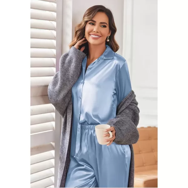 imageEkouaer Classic Satin Pajamas for Women Long Sleeve Button Down Sleepwear Soft Silk Loungewear Pjs Set SXXLLight Blue