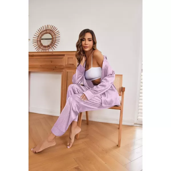 imageEkouaer Classic Satin Pajamas for Women Long Sleeve Button Down Sleepwear Soft Silk Loungewear Pjs Set SXXLLight Purple Stripe