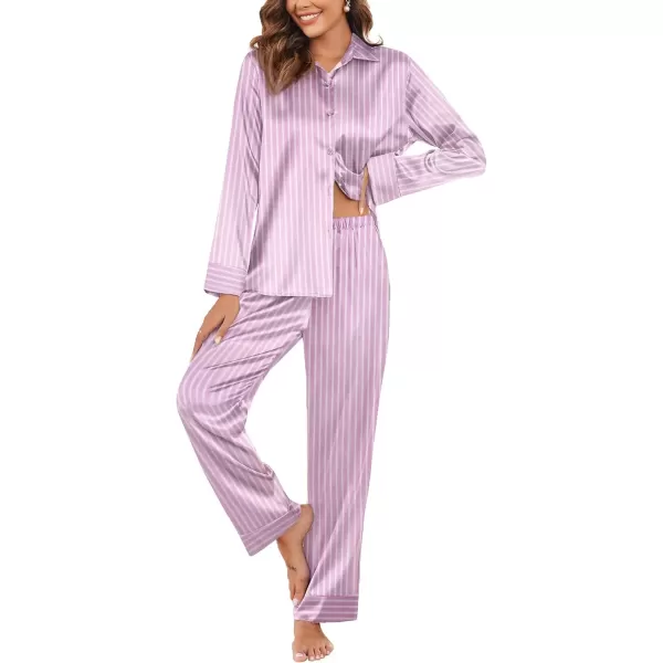 imageEkouaer Classic Satin Pajamas for Women Long Sleeve Button Down Sleepwear Soft Silk Loungewear Pjs Set SXXLLight Purple Stripe