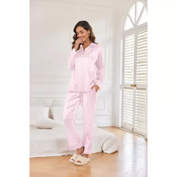 imageEkouaer Classic Satin Pajamas for Women Long Sleeve Button Down Sleepwear Soft Silk Loungewear Pjs Set SXXLPink Stripe