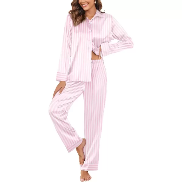 imageEkouaer Classic Satin Pajamas for Women Long Sleeve Button Down Sleepwear Soft Silk Loungewear Pjs Set SXXLPink Stripe