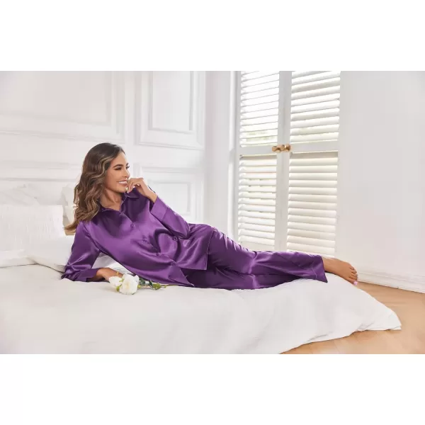 imageEkouaer Classic Satin Pajamas for Women Long Sleeve Button Down Sleepwear Soft Silk Loungewear Pjs Set SXXLPurple
