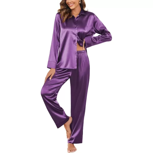 imageEkouaer Classic Satin Pajamas for Women Long Sleeve Button Down Sleepwear Soft Silk Loungewear Pjs Set SXXLPurple