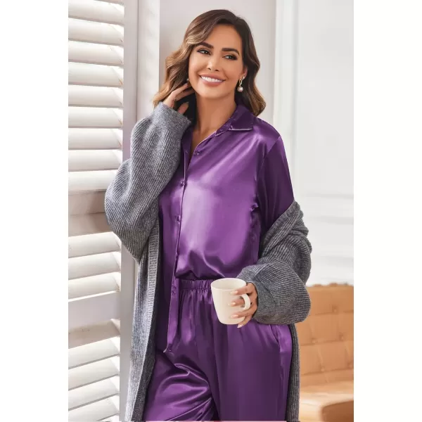 imageEkouaer Classic Satin Pajamas for Women Long Sleeve Button Down Sleepwear Soft Silk Loungewear Pjs Set SXXLPurple