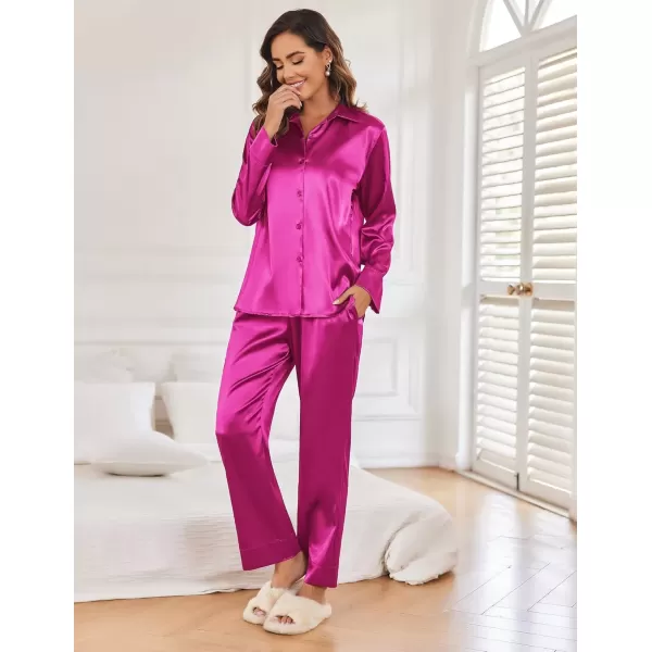 imageEkouaer Classic Satin Pajamas for Women Long Sleeve Button Down Sleepwear Soft Silk Loungewear Pjs Set SXXLRose Red