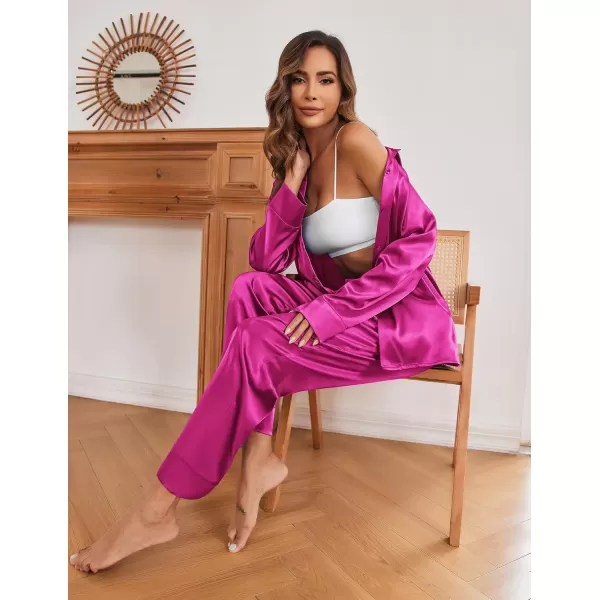 imageEkouaer Classic Satin Pajamas for Women Long Sleeve Button Down Sleepwear Soft Silk Loungewear Pjs Set SXXLRose Red