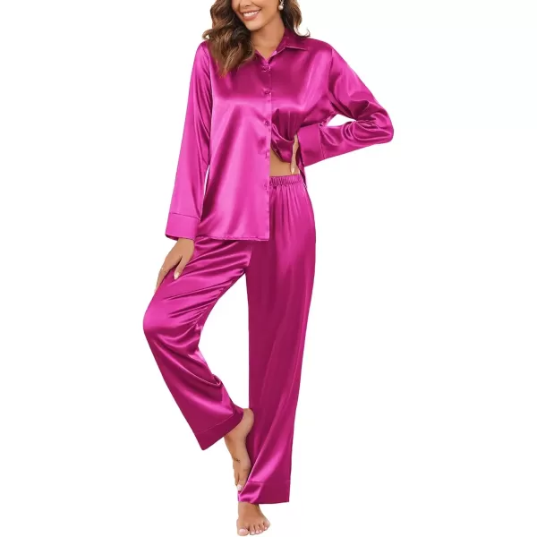 imageEkouaer Classic Satin Pajamas for Women Long Sleeve Button Down Sleepwear Soft Silk Loungewear Pjs Set SXXLRose Red
