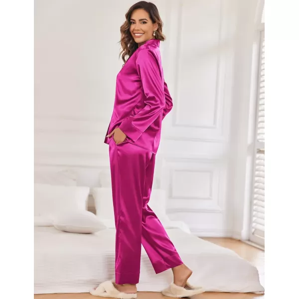 imageEkouaer Classic Satin Pajamas for Women Long Sleeve Button Down Sleepwear Soft Silk Loungewear Pjs Set SXXLRose Red