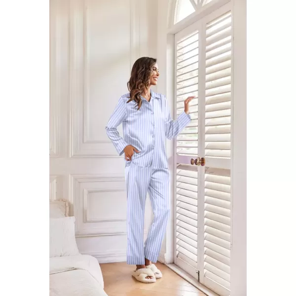 imageEkouaer Classic Satin Pajamas for Women Long Sleeve Button Down Sleepwear Soft Silk Loungewear Pjs Set SXXLStriped Blue