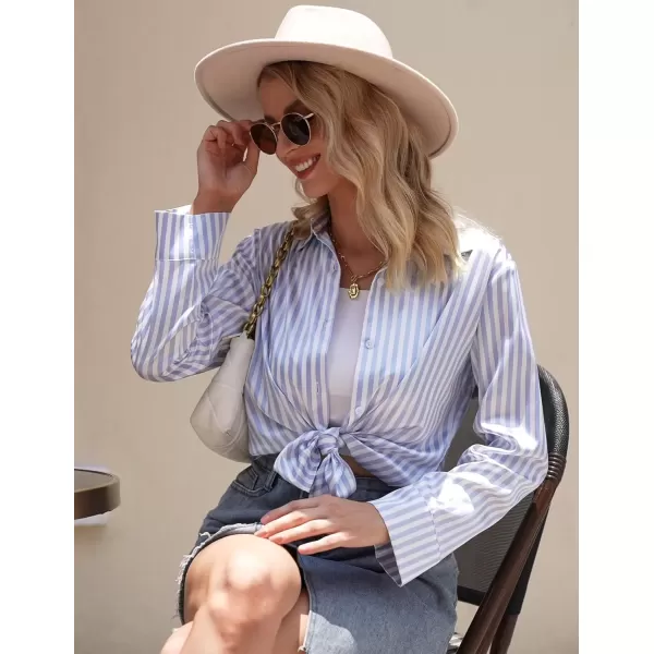 imageEkouaer Classic Satin Pajamas for Women Long Sleeve Button Down Sleepwear Soft Silk Loungewear Pjs Set SXXLStriped Blue