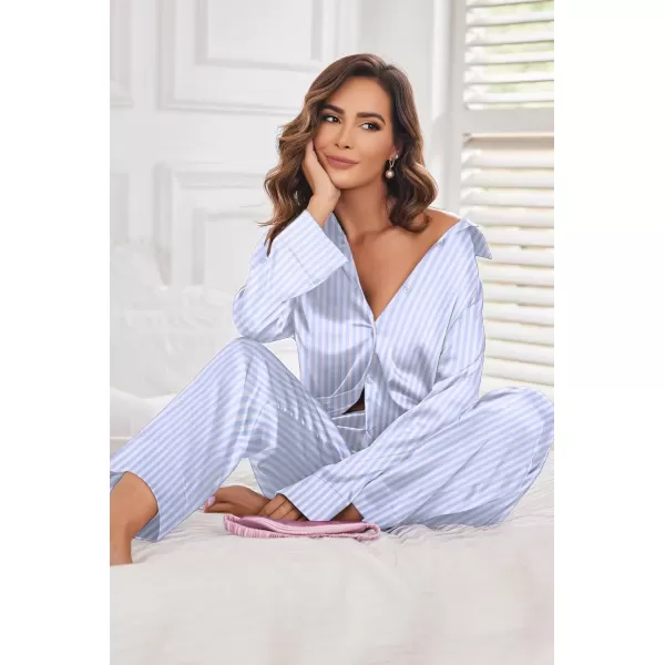 imageEkouaer Classic Satin Pajamas for Women Long Sleeve Button Down Sleepwear Soft Silk Loungewear Pjs Set SXXLStriped Blue